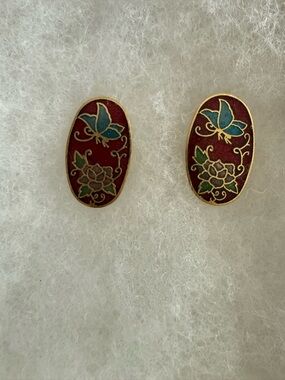 Red Cloisonné Butterfly Floral Oval Earrings - Women Jewelry